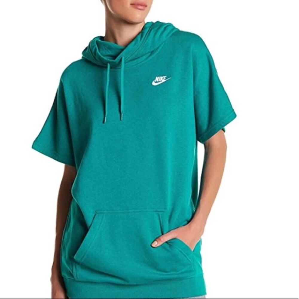 Nike Womens Short Sleeve Cowl Neck Hoodie Teal Green Small Sportswear Pocket